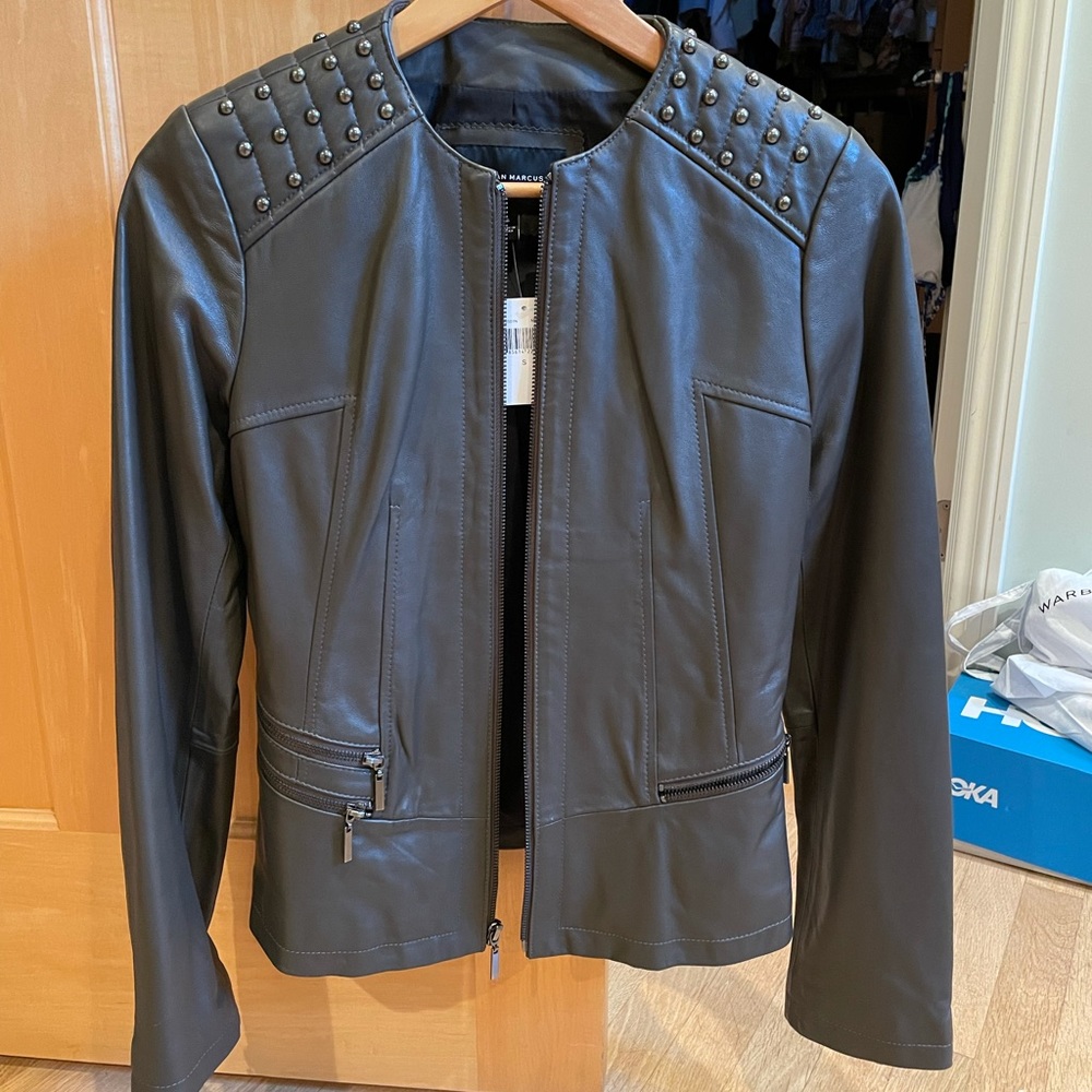 Neiman Marcus Studded Shoulder Leather Moto Jacket